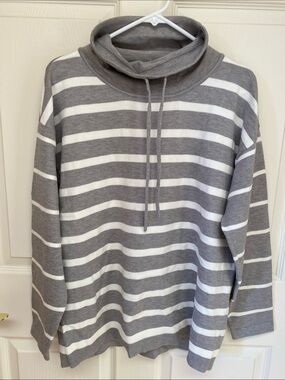 Liz Claiborne Gray and White Striped Cowl-Neck Sweater